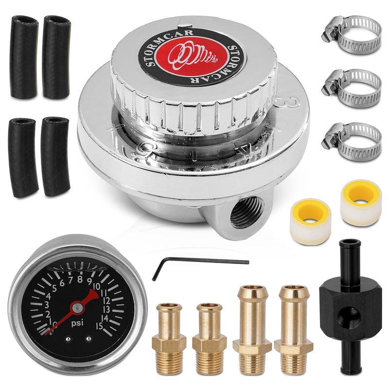 YEHERIT Universal Adjustable 1-5 PSI Carb Fuel Pressure Regulator Kit with 0-15 PSI Gauge, Fuel Block, and 8mm & 10mm Adapters for Carburetor Engine - Image 1